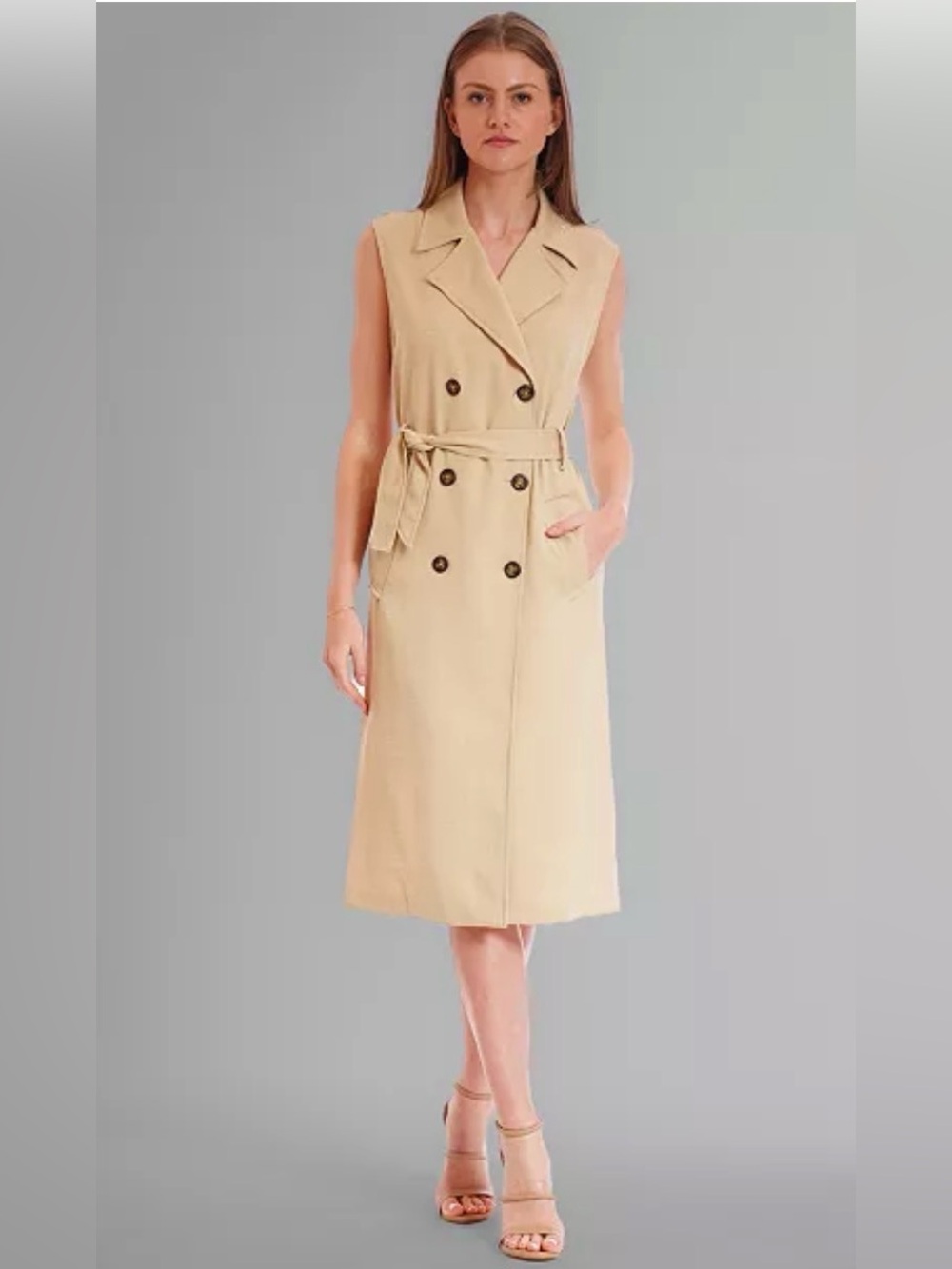 a new day Sleeveless Double-Breasted Midi Dress in Beige